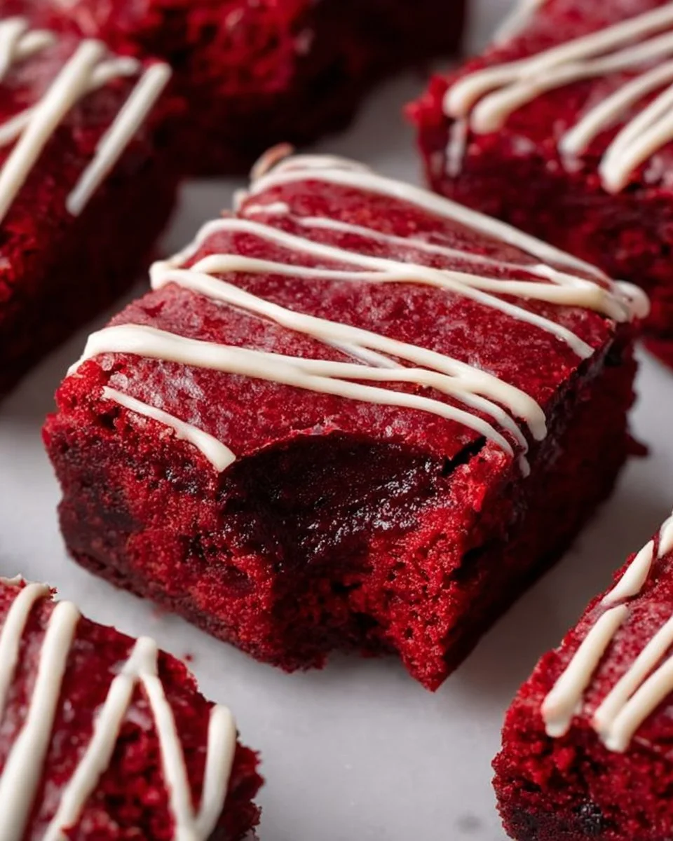 Fudgy red velvet brownies topped with creamy frosting on a plate.
