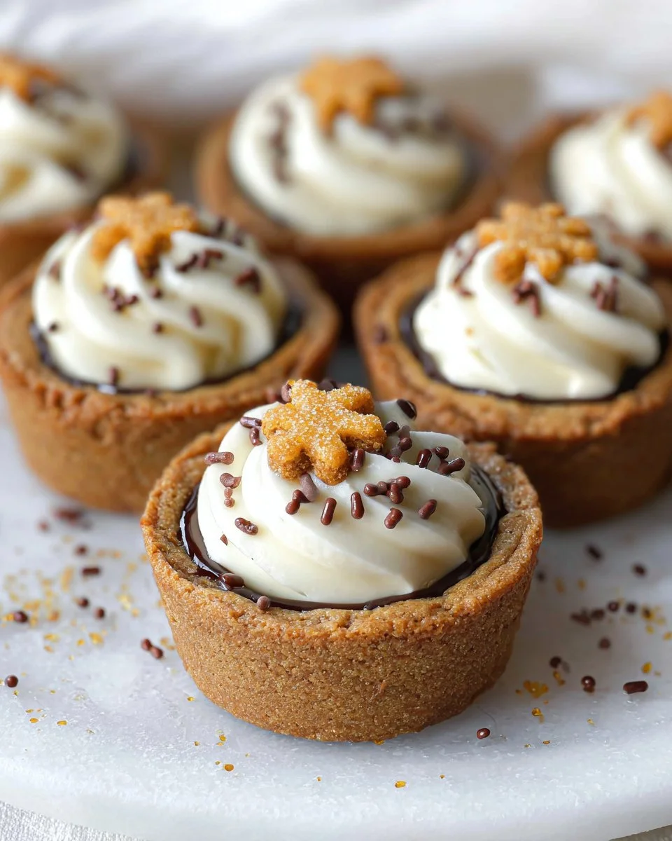 Gingerbread Cheesecake Cookie Cups topped with festive decorations