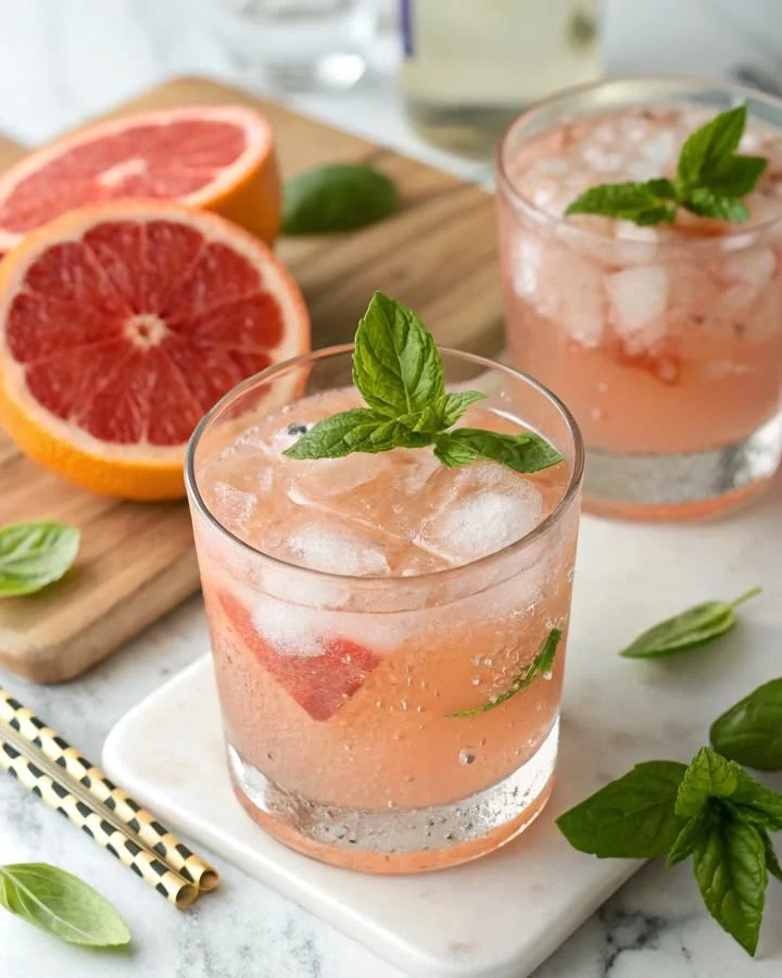 Grapefruit Basil Mocktail garnished with fresh basil leaves in a glass.