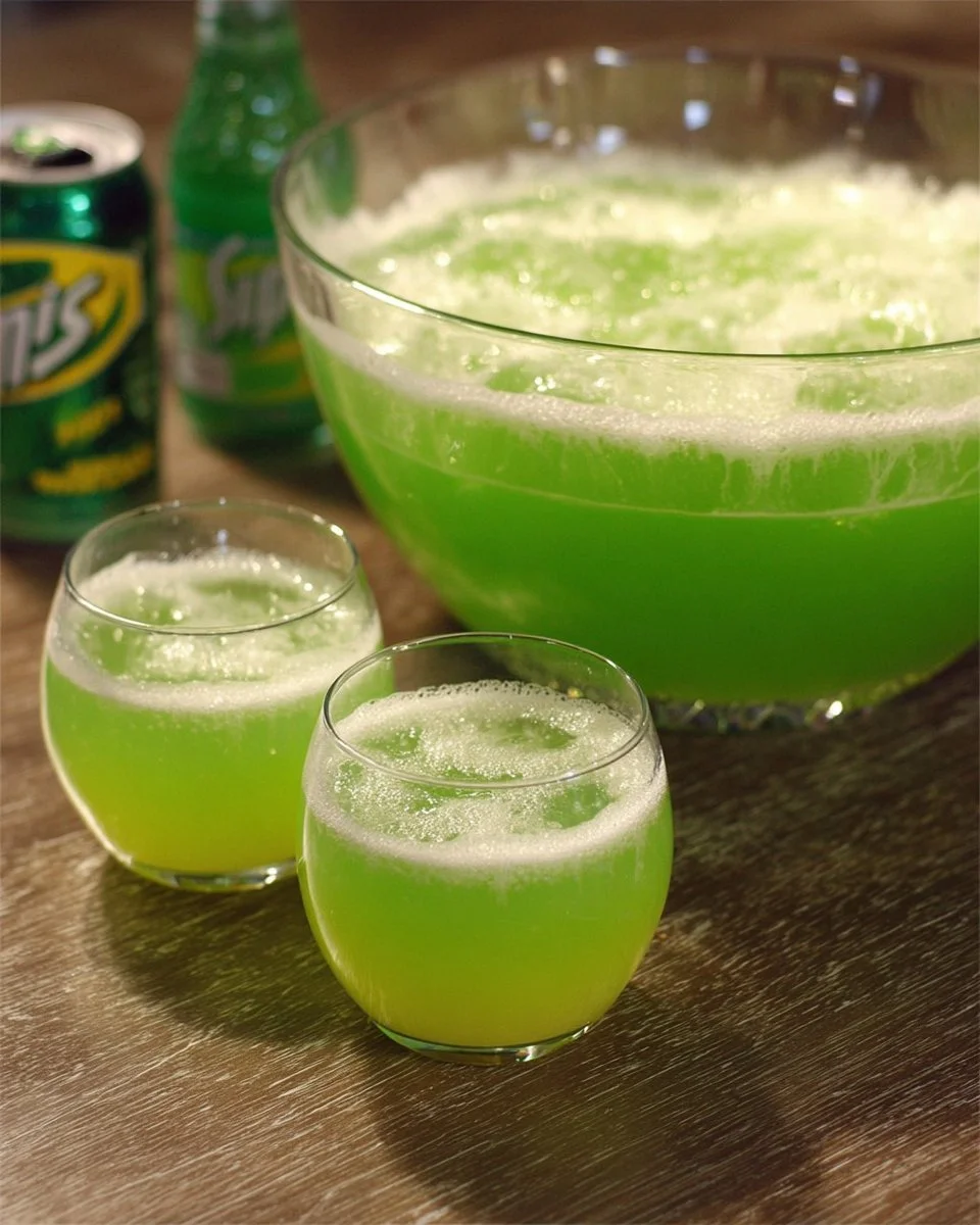 Refreshing Green Sherbet Punch served in a festive bowl with fruit garnishes.