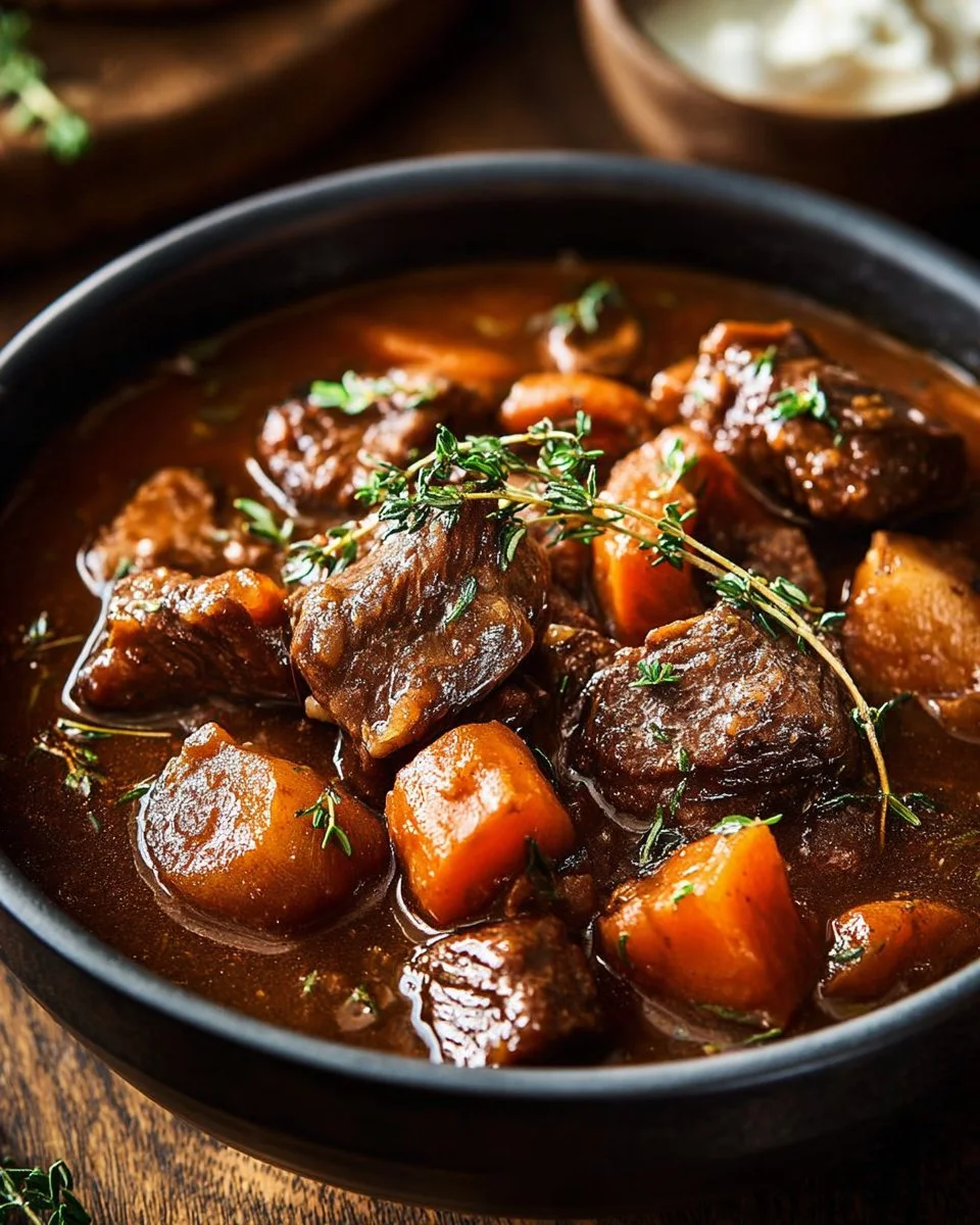 A bowl of hearty Guinness beef stew with vegetables and herbs.