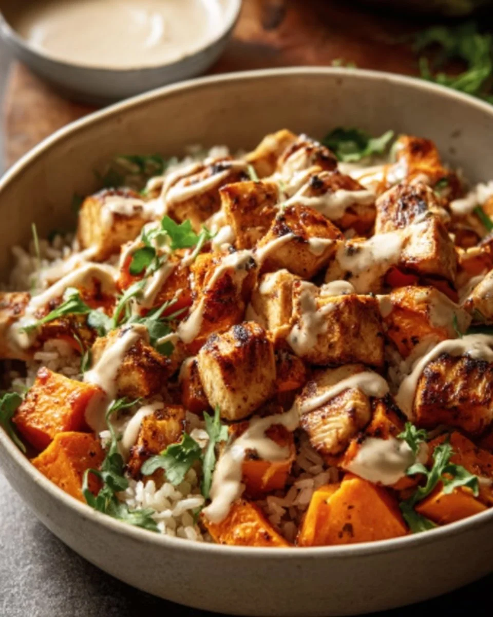 Healthy chicken and sweet potato rice bowl for nutritious meals