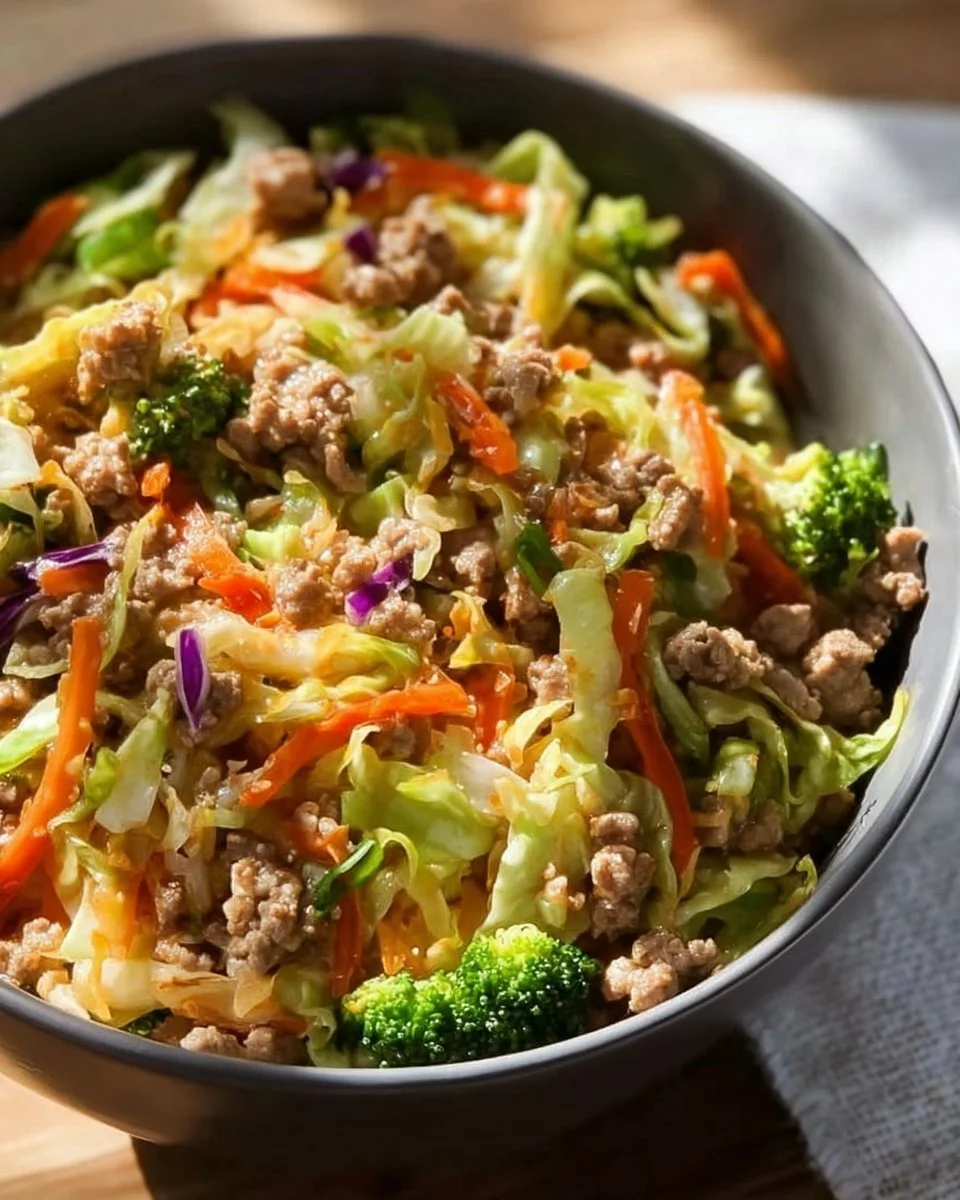 Healthy high protein egg roll bowl with vegetables and savory flavors