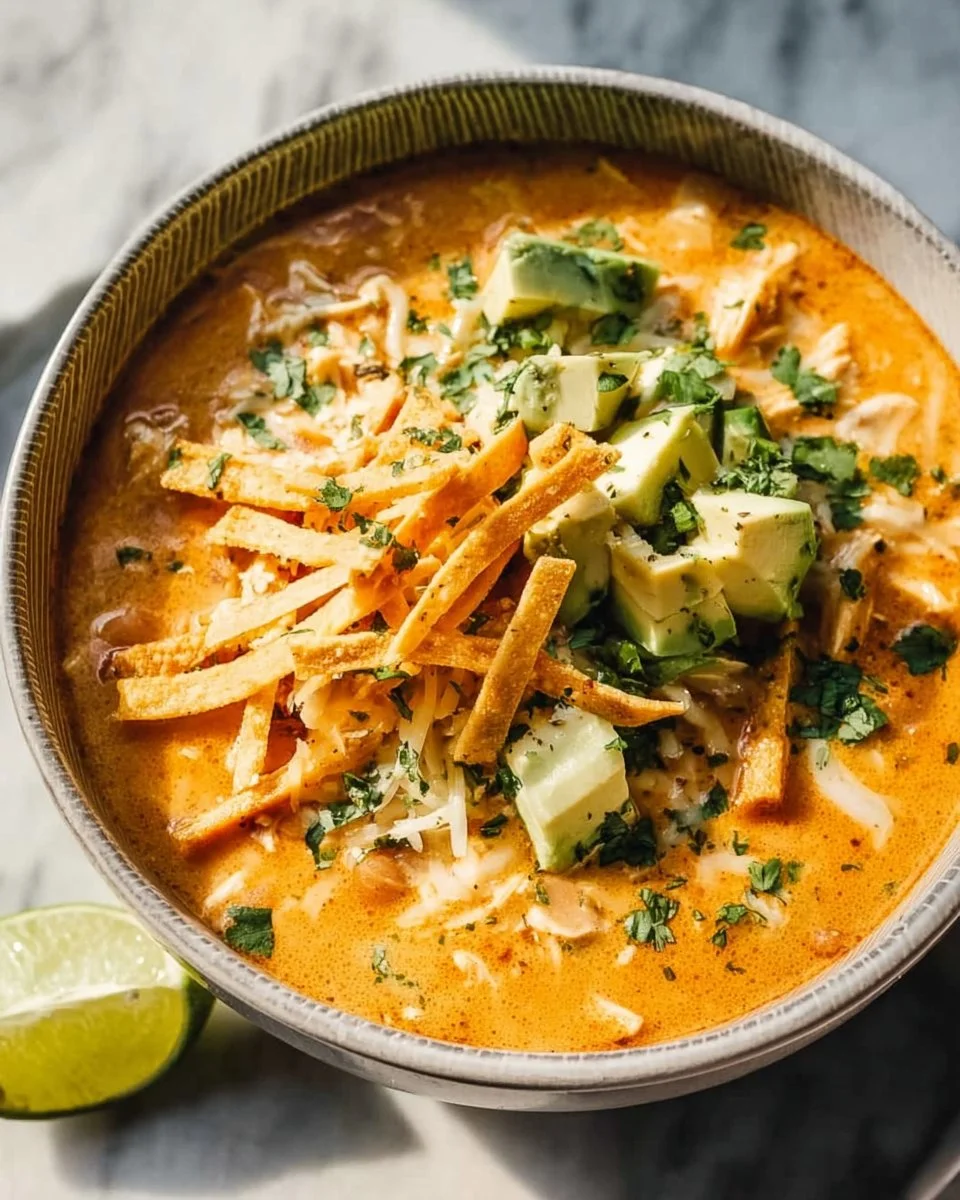 Bowl of healthy high protein white chicken chili topped with cilantro and lime.