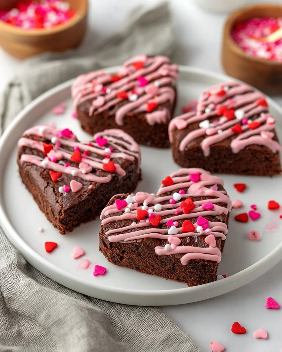 Delicious heart shaped brownies decorated with chocolate and sprinkles.