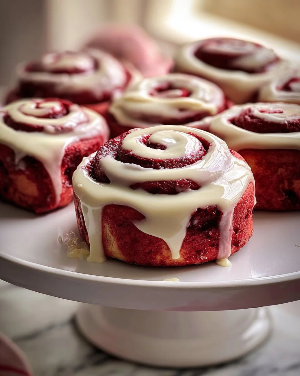 Delicious red velvet cinnamon rolls topped with creamy frosting on a white plate