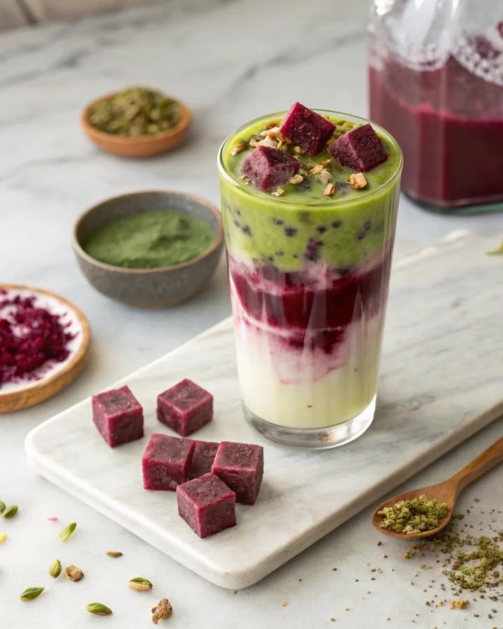 A refreshing glass of Hibiscus Cardamom Iced Matcha with vibrant colors