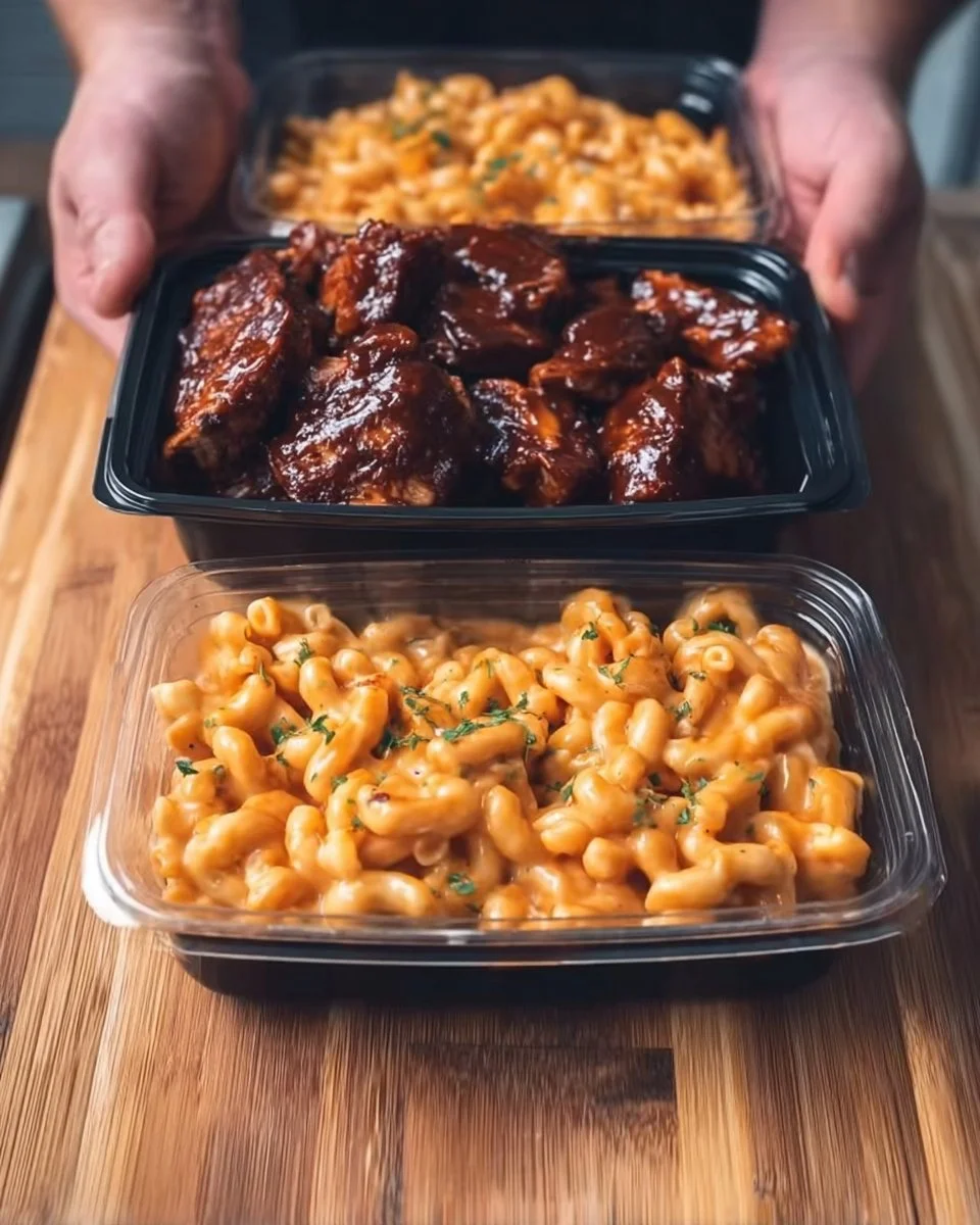 High-protein honey BBQ chicken mac and cheese meal prep dish