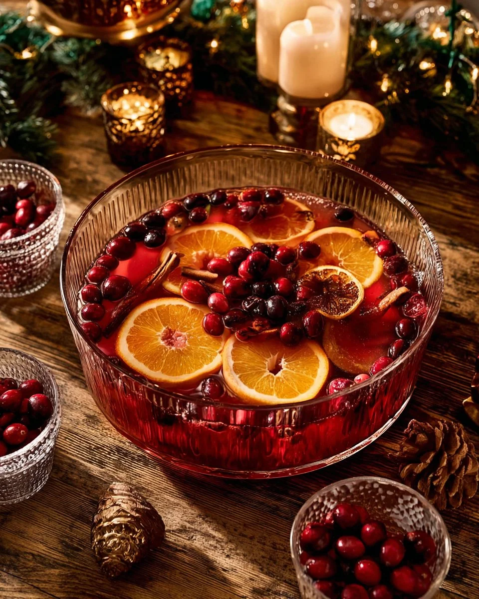 Holly Jolly Non-Alcoholic Christmas Punch in a festive glass with holiday decorations