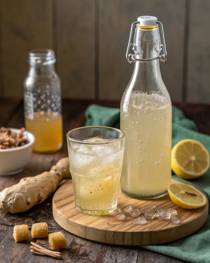 A glass of homemade ginger beer garnished with fresh ginger and mint leaves.