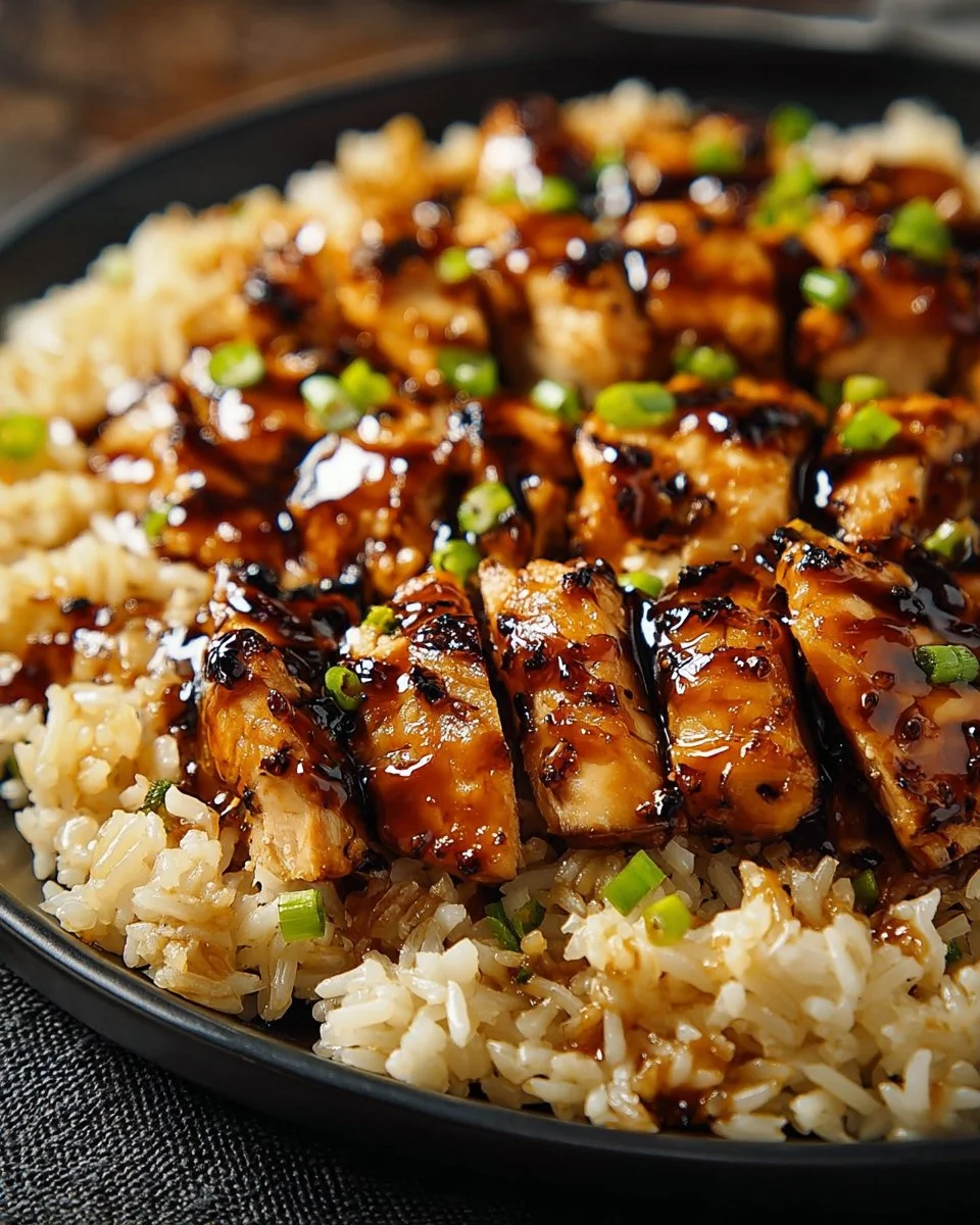 Honey BBQ Chicken Rice served with fresh vegetables on a white plate