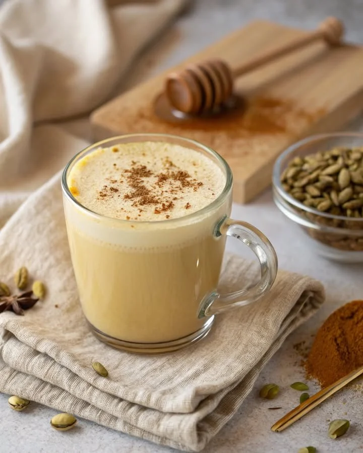 A warm cup of Honey Cardamom Fog with frothy milk and spices