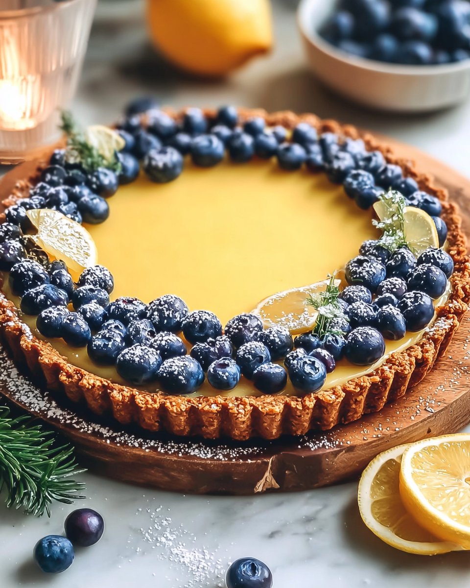 Vegan Lemon Coconut Tart with Biscoff Cookie Crust & Fresh Blueberry Garnish