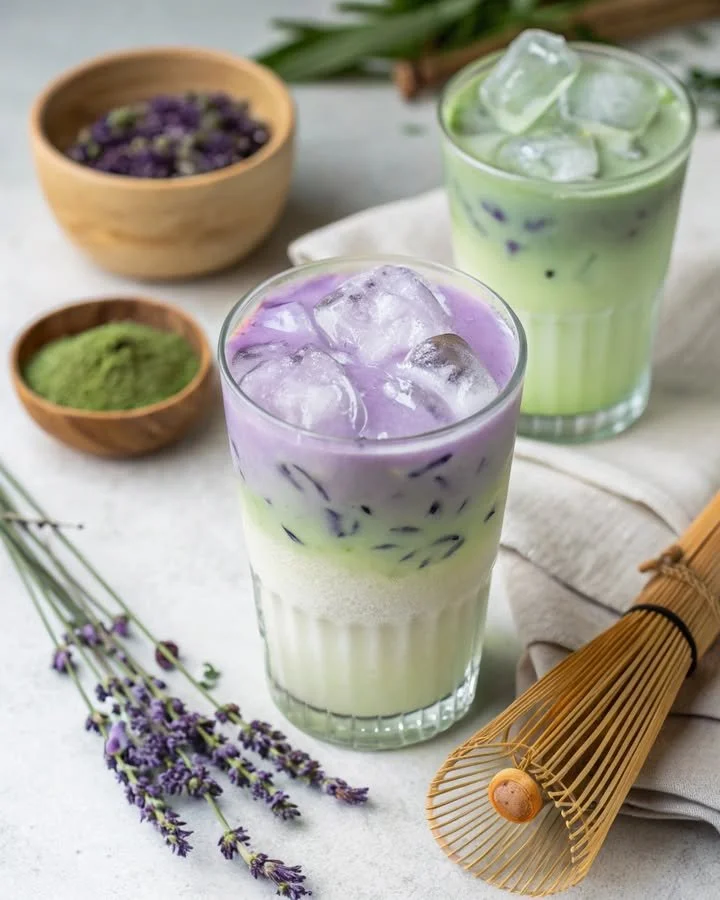 Iced Lavender Oat Milk Matcha in a glass with floral garnish