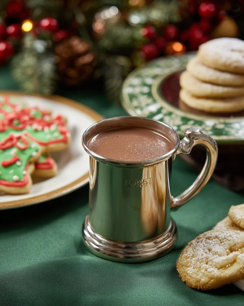 A steaming mug of Judy's Hot Chocolate topped with whipped cream and chocolate shavings.