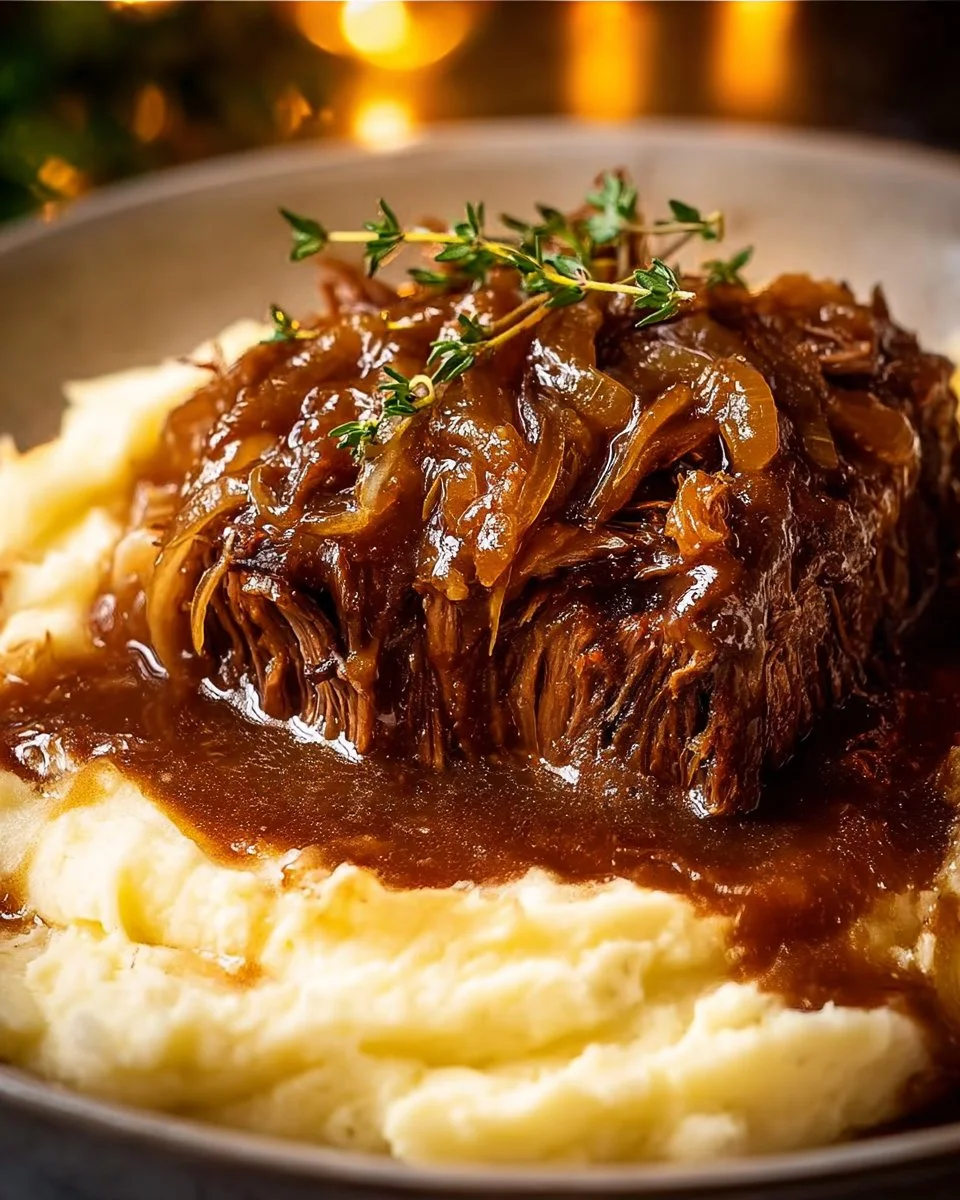 Juicy French Onion Pot Roast served with caramelized onions and herbs
