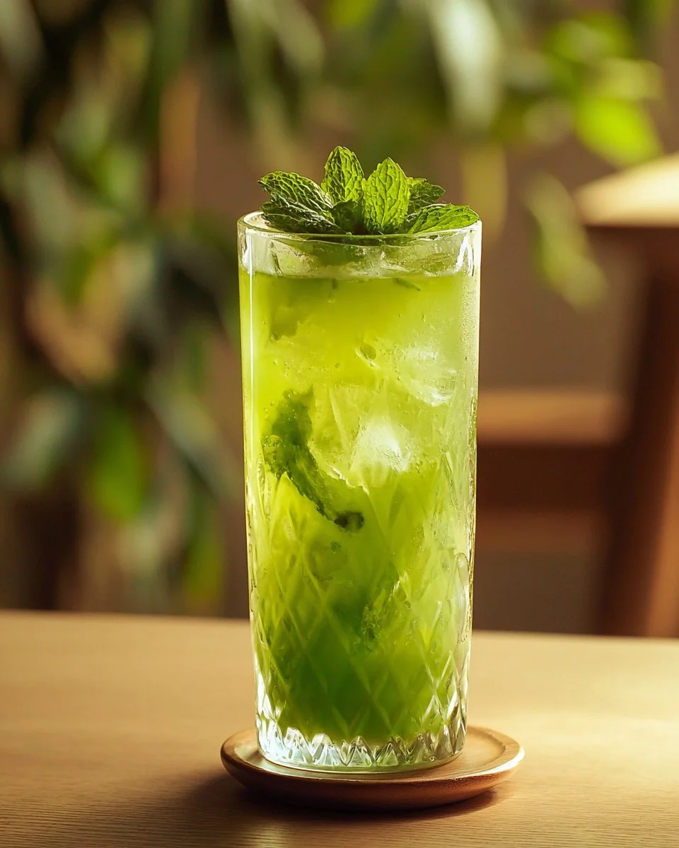 Kalamansi Cucumber Mint Sprite Soda served in a glass with ice and mint leaves.