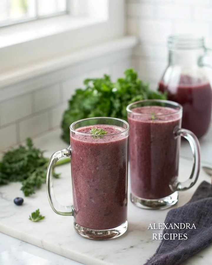 A vibrant Kale Berry Smoothie filled with fresh kale and mixed berries.
