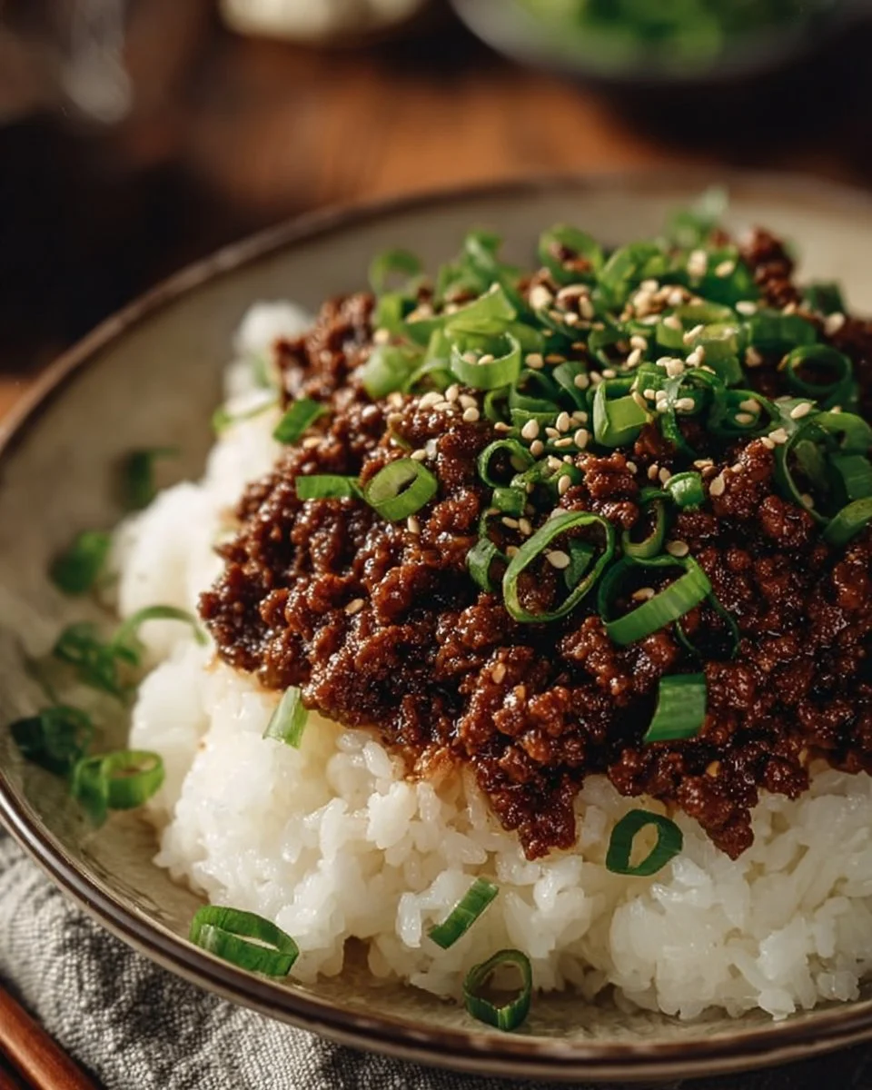 Korean Ground Beef Bowl with vegetables and rice