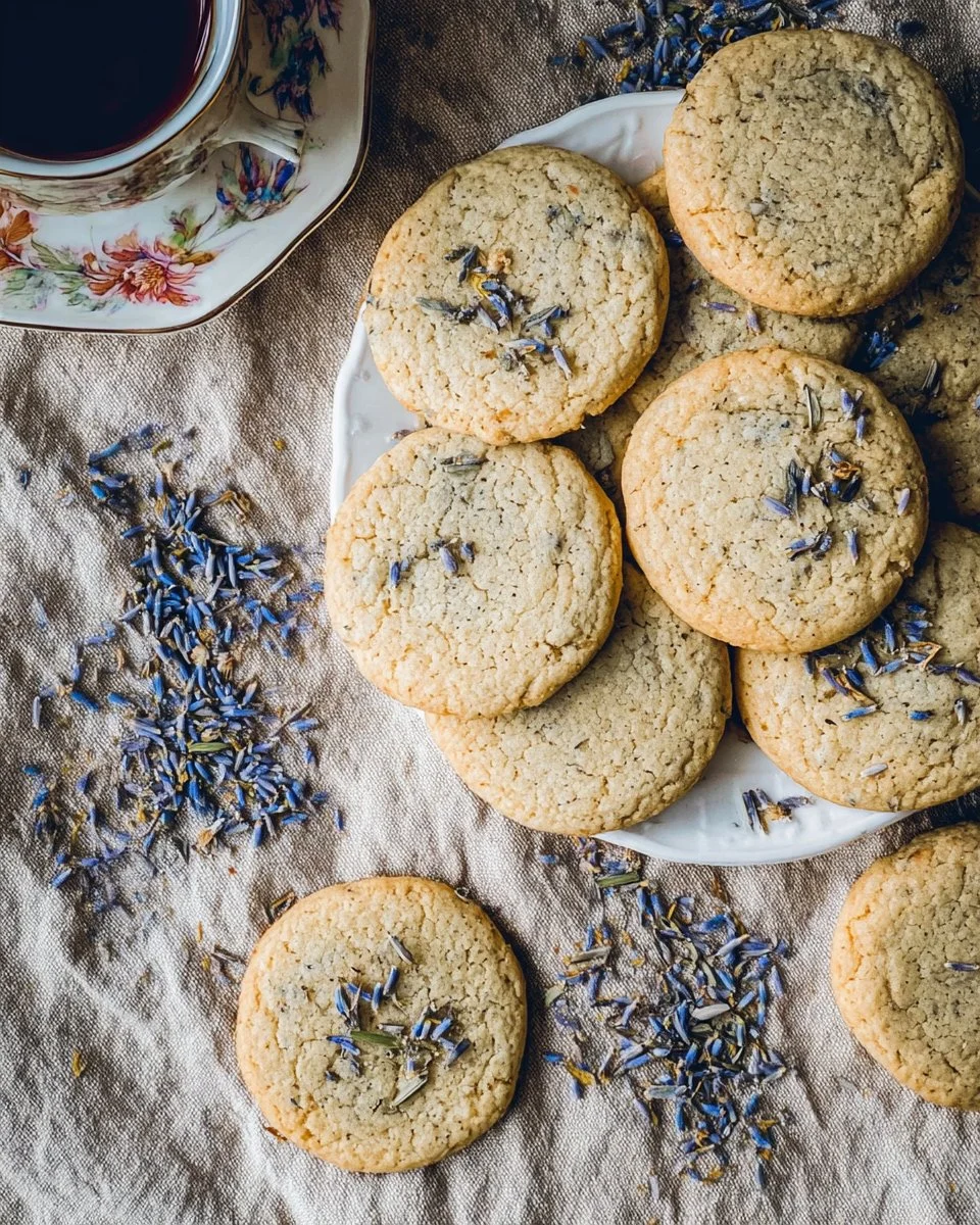 Lavender Earl Grey Cookies with lavender flowers and tea leaves, beautifully arranged.