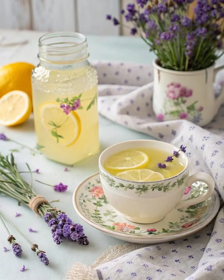 Bottle of Lavender Lemon Earth Elixir with herbs and lemons in the background.