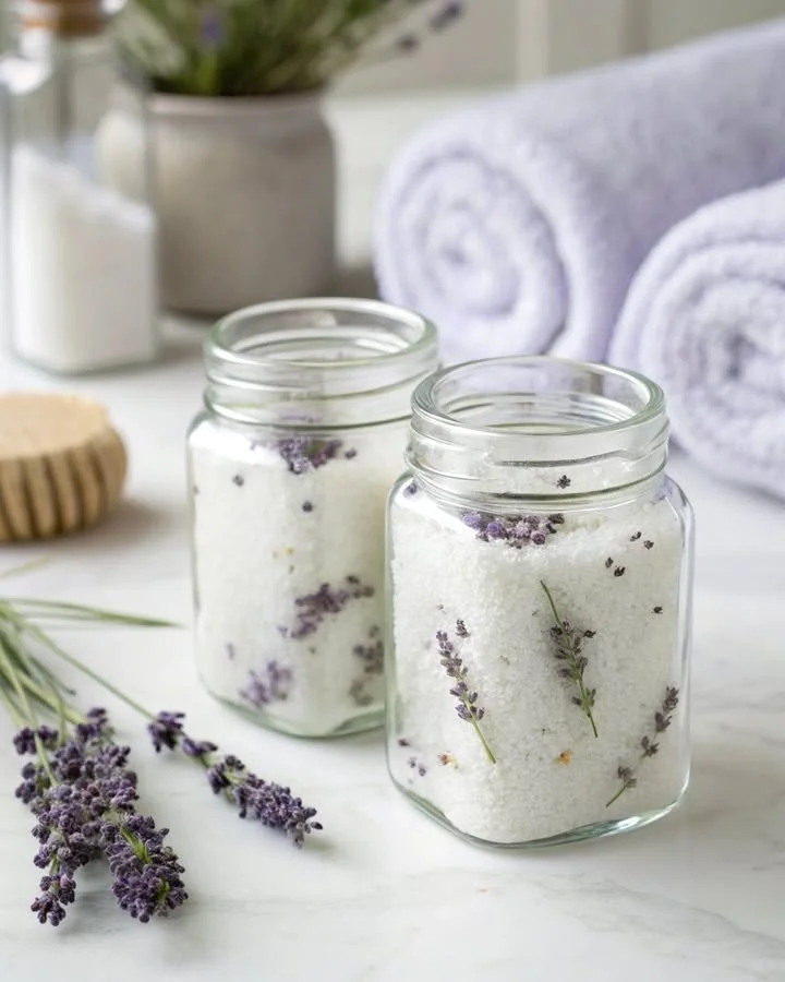 Relaxing lavender milk bath with soothing lavender flowers and milk in a serene setting.