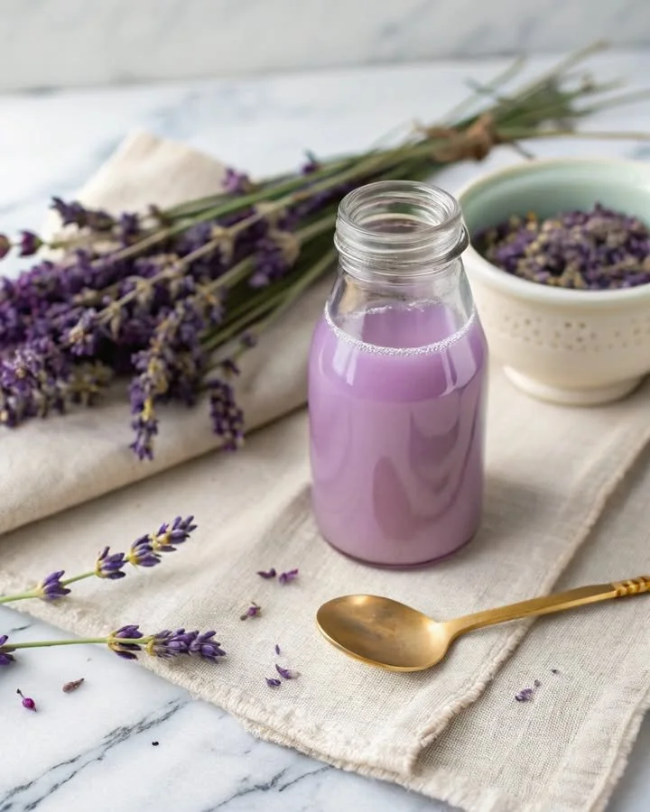 Bottle of lavender syrup with lavender flowers in the background
