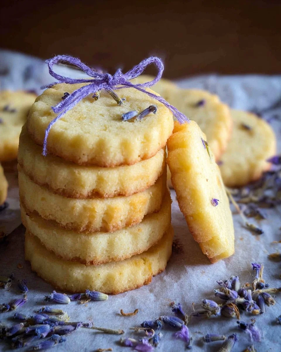 Lemon Lavender Shortbread Cookies arranged on a decorative plate