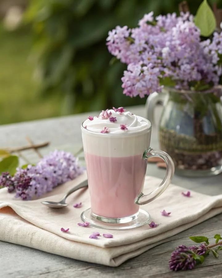 Lilac Almond Cloud Latte with whipped foam and almond sprinkles