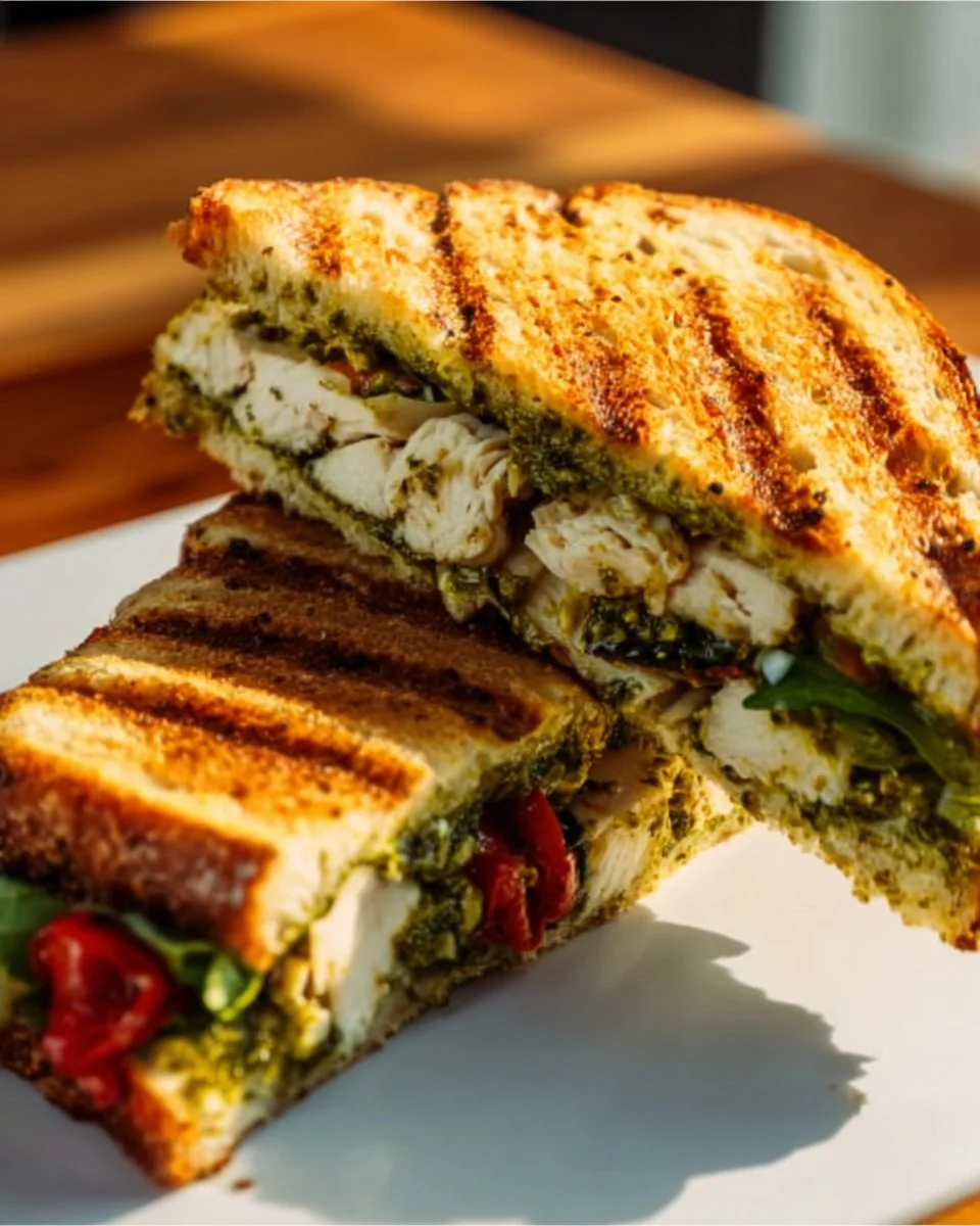 Loaded chicken pesto panini with melted cheese and fresh ingredients