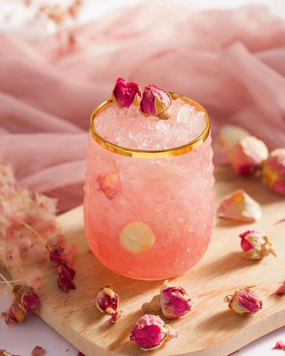 Lychee mocktail with rose petals garnished in a glass