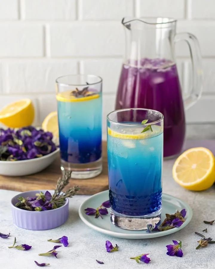 A glass of vibrant Magic Butterfly Pea Lemonade with lemon slices and flowers.