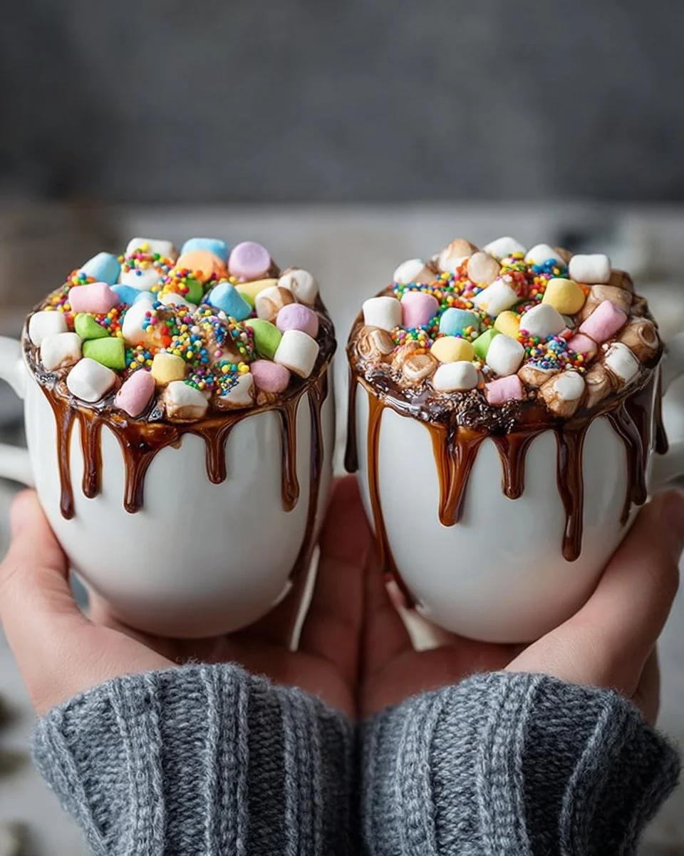 Colorful Marshmallow Rainbow Cocoa in a mug, topped with fluffy rainbow marshmallows