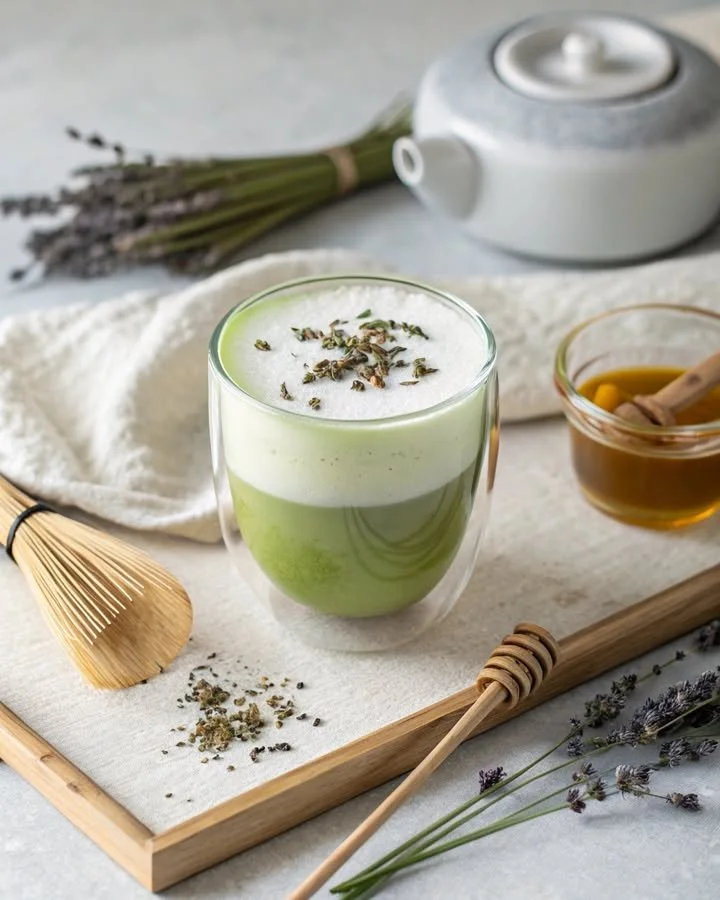 Delicious Matcha Honey Lavender Fog drink served with lavender sprigs.