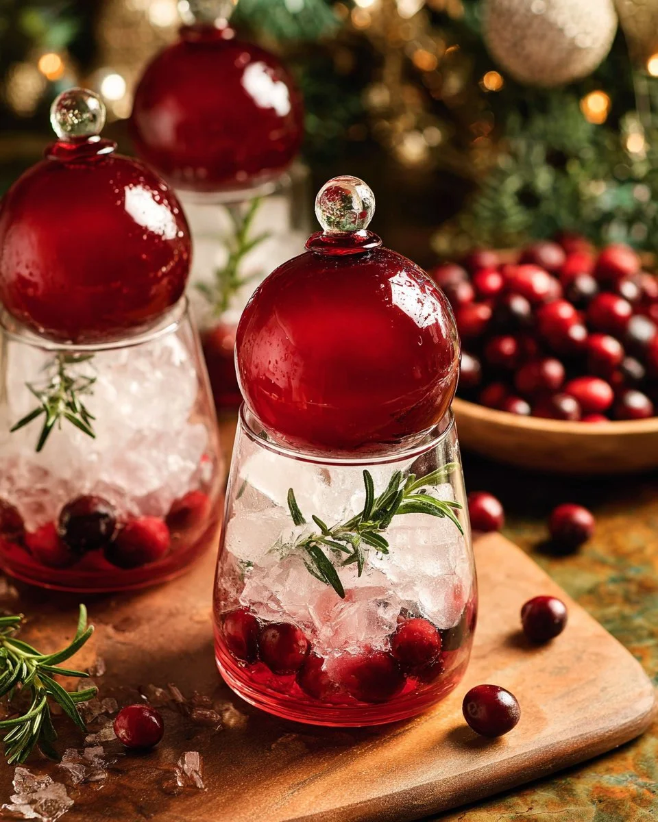 Festive Mistletoe Ornament Mocktail in a glass with holiday decorations