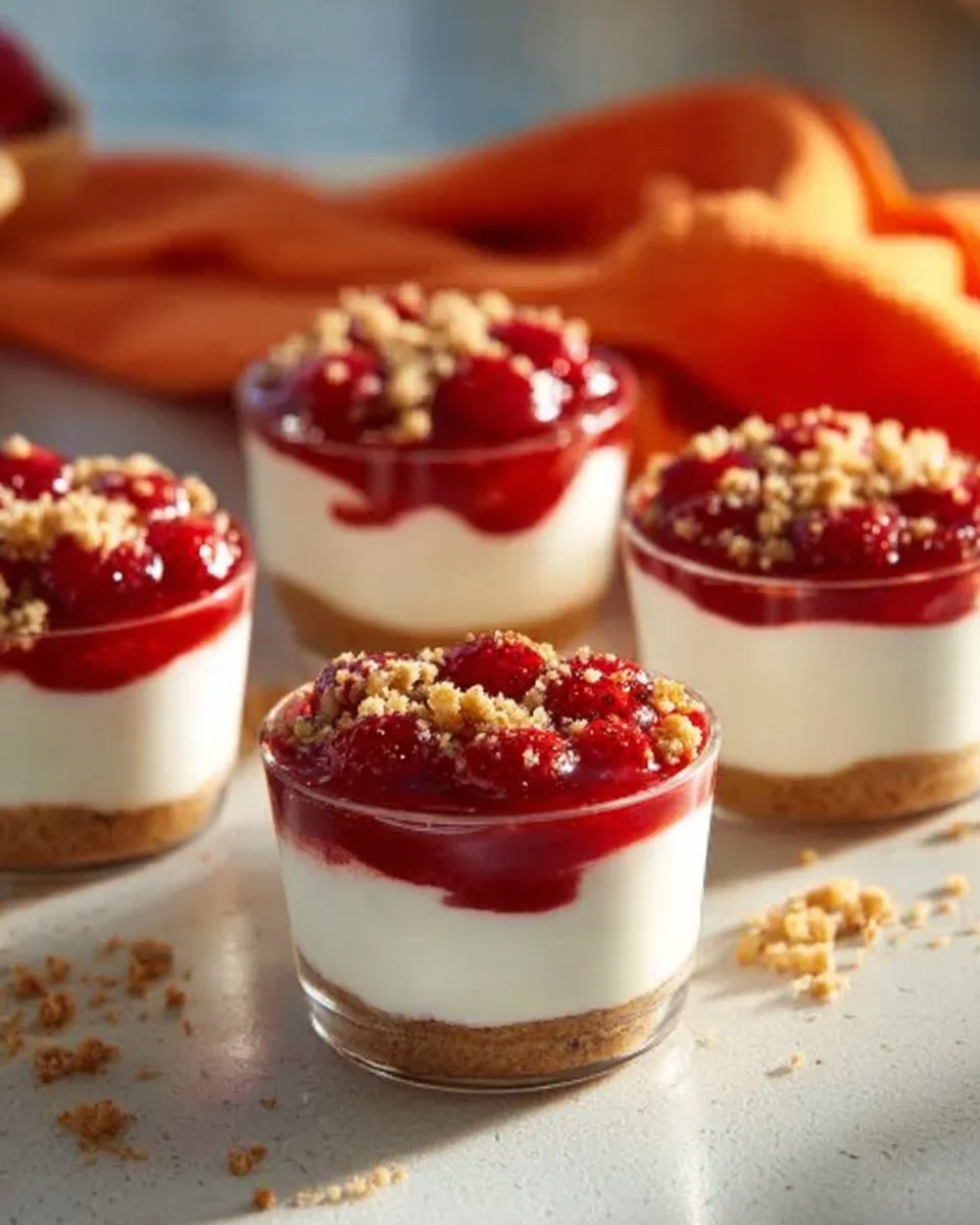 No-Bake Cheesecake Parfait with layers of cream and crust in clear glass
