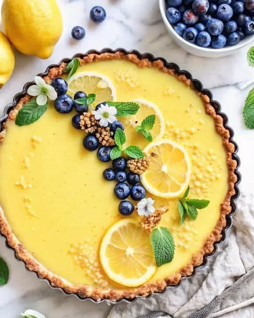 No-bake lemon tart topped with fresh lemons and mint leaves