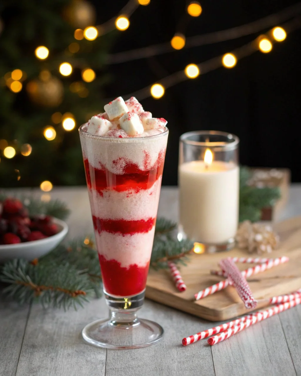 Festive North Pole Party Punch in a glass with holiday decorations