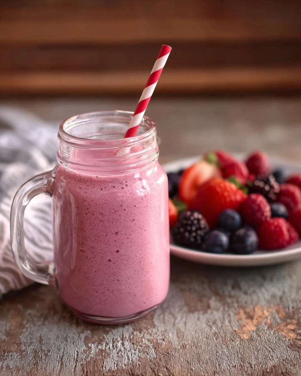 Oat smoothie blended with fresh forest berries in a glass