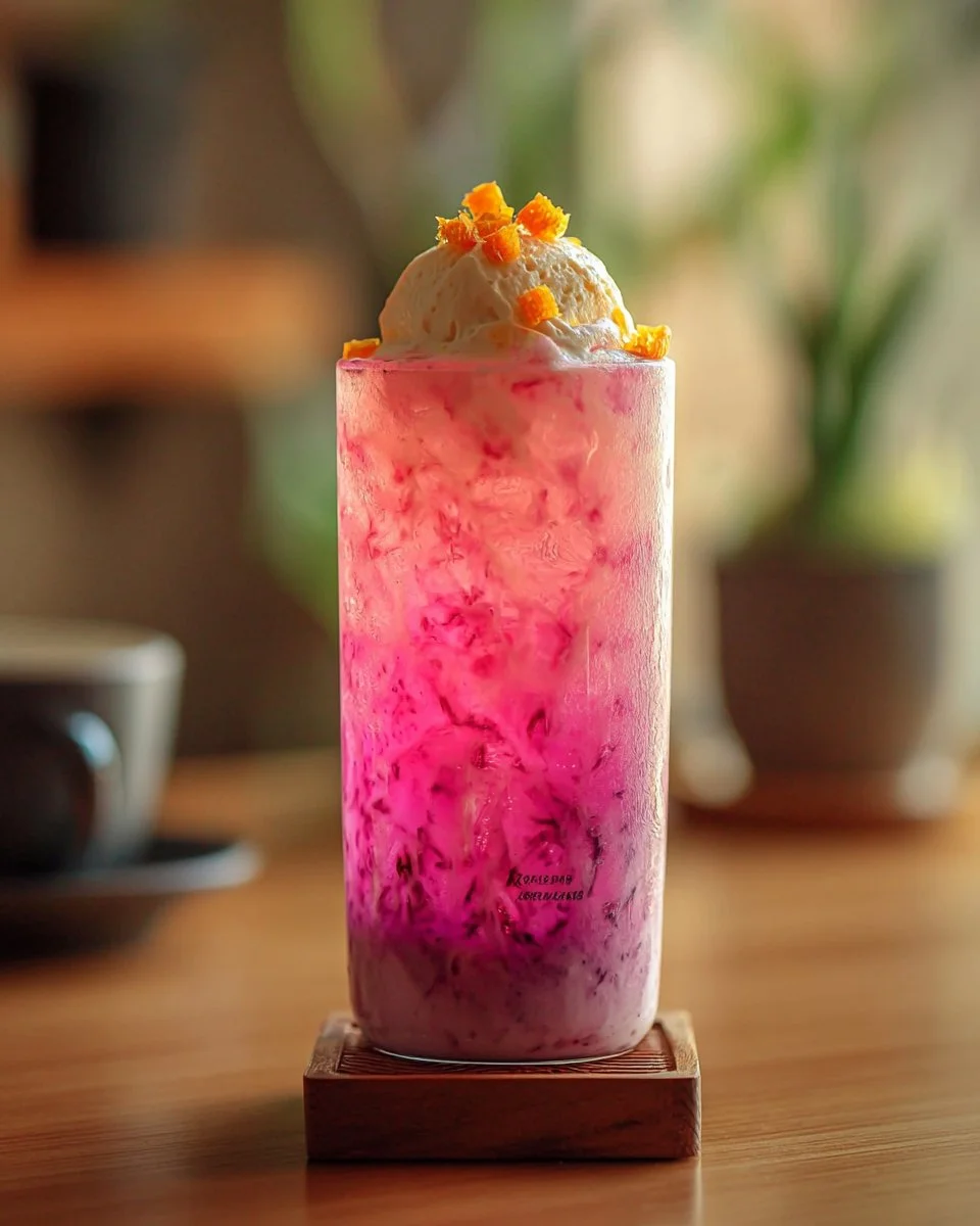 Orange Dragon Fruit Sprite Soda Float topped with ice cream and fruit slices