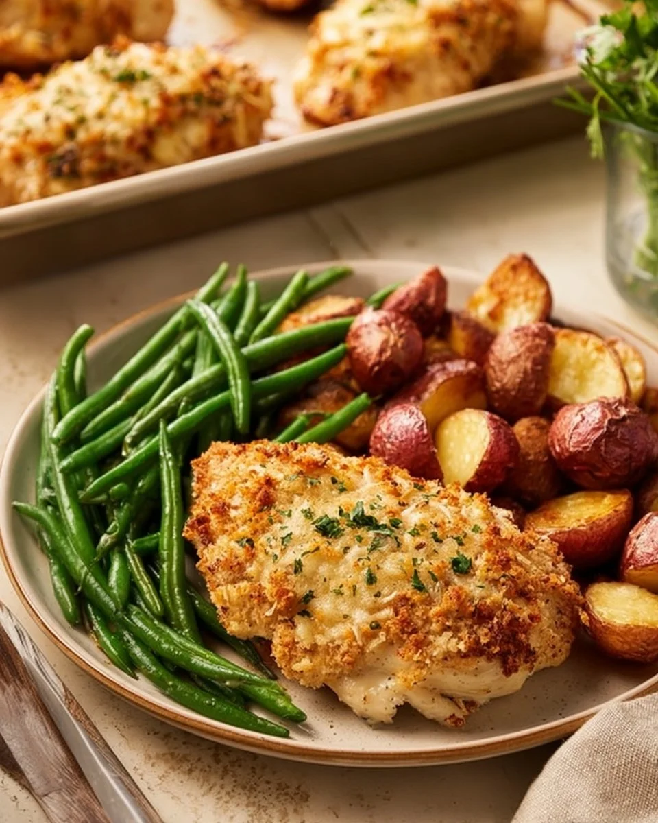 Parmesan Crusted Chicken cooked on a sheet pan with fresh vegetables.