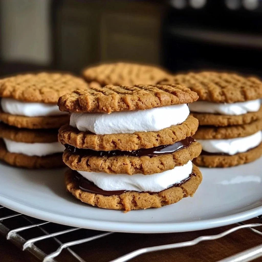 Peanut butter s'mores sandwich cookies with chocolate and marshmallow filling.