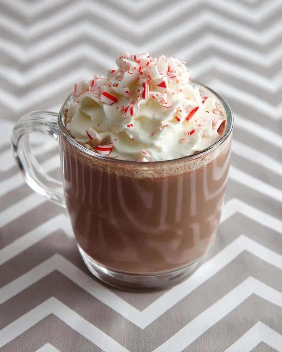 A steaming cup of peppermint bark hot chocolate topped with whipped cream and crushed peppermint.