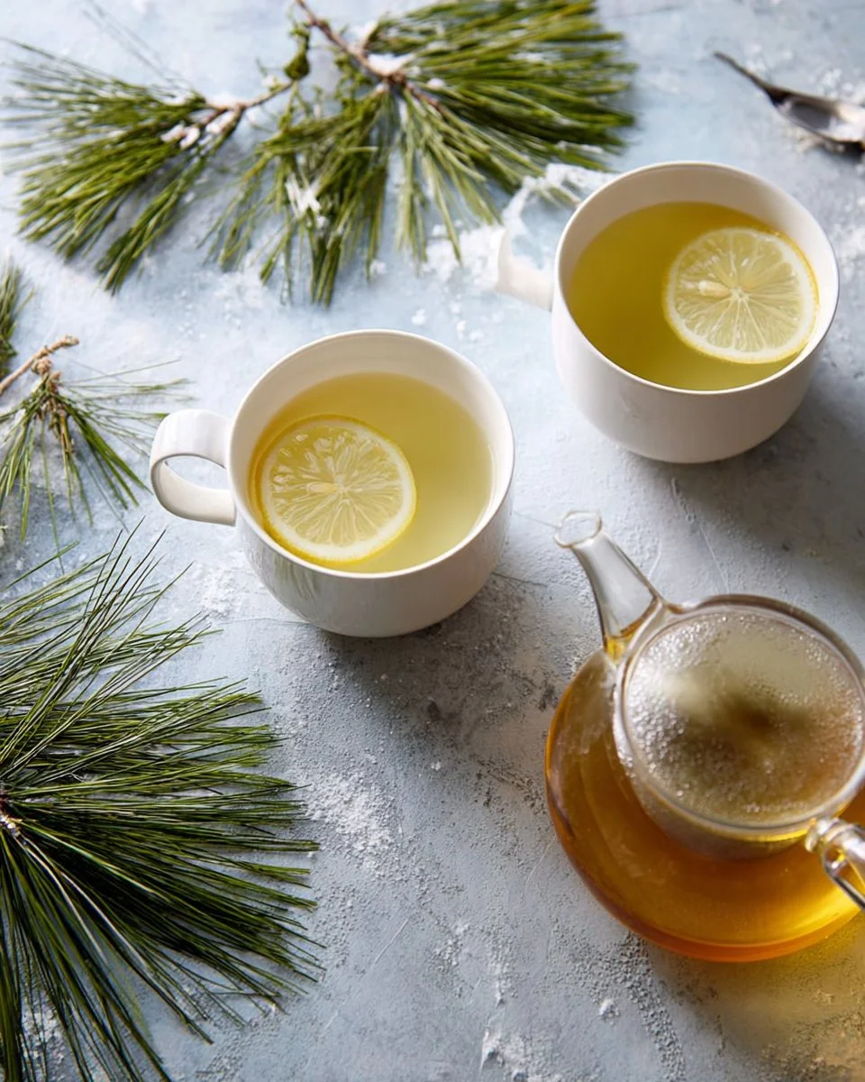 A cup of pine needle tea surrounded by fresh pine needles and herbs