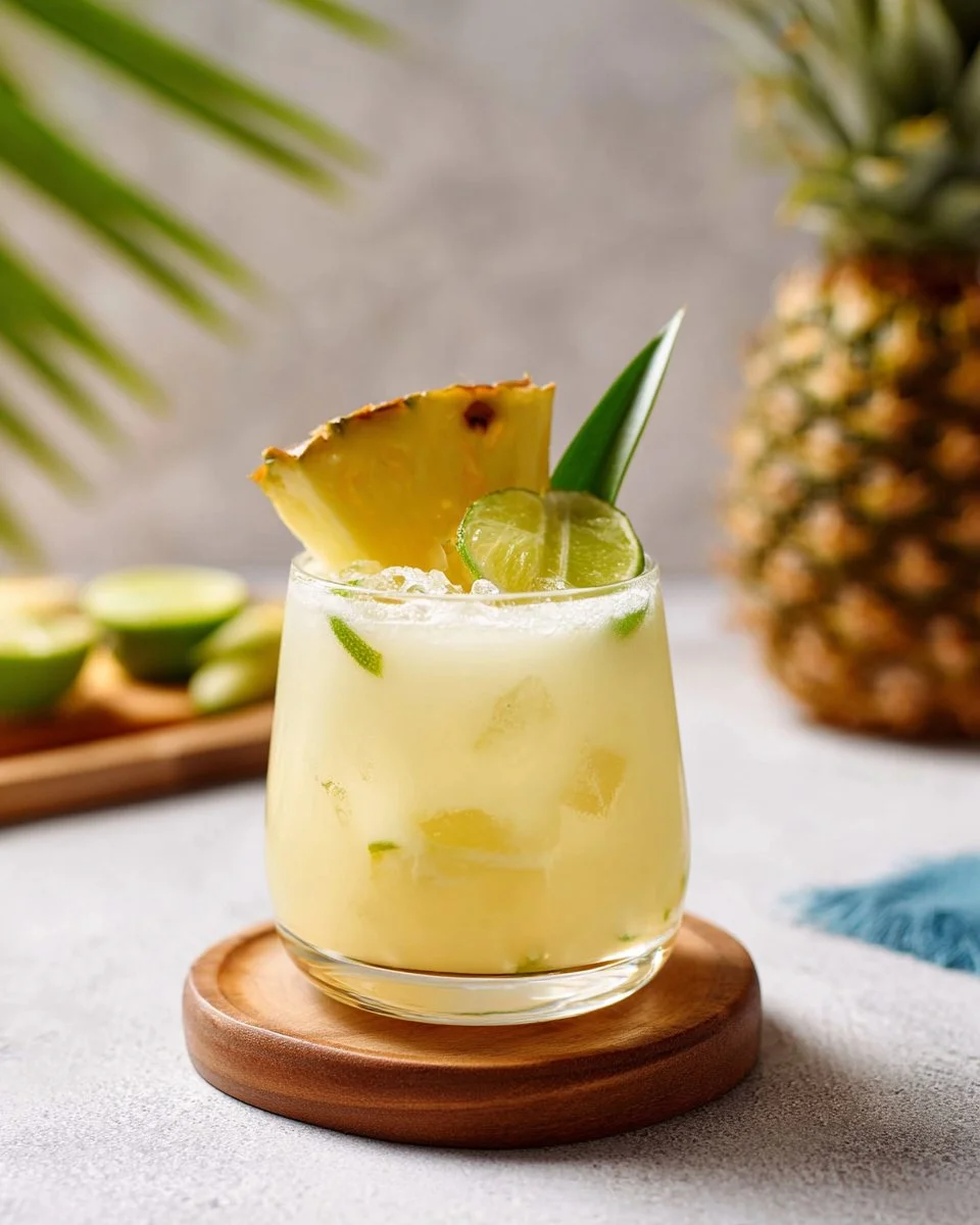 Pineapple Coconut Cooler mocktail in a glass with tropical fruits