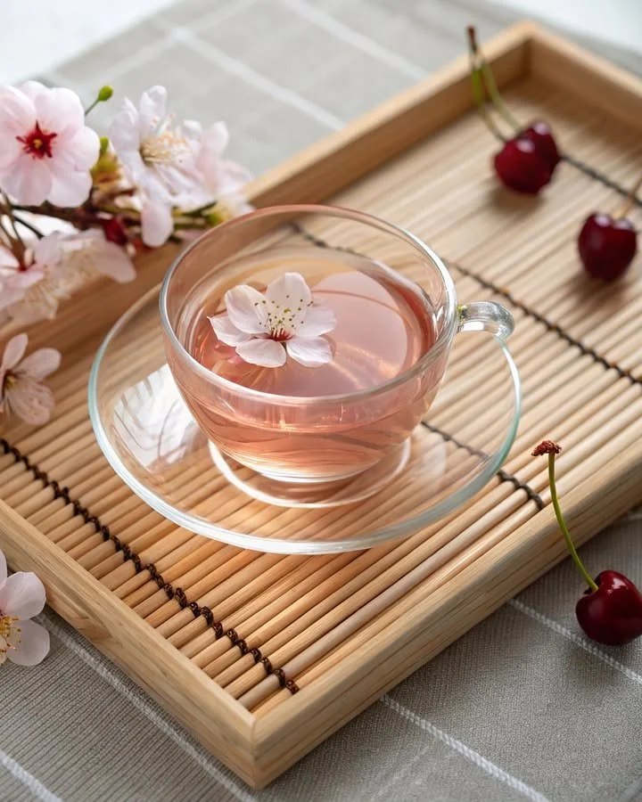 Pure Cherry Blossom Tea leaves in a cup with cherry blossoms.
