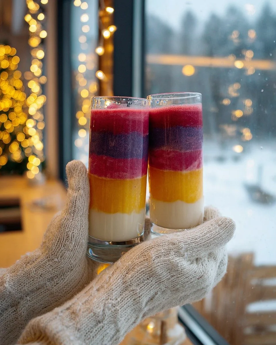 Colorful Rainbow Winter Smoothie filled with seasonal fruits and healthy ingredients