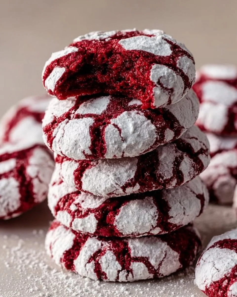 Delicious Red Velvet Crinkle Cookies sprinkled with powdered sugar.