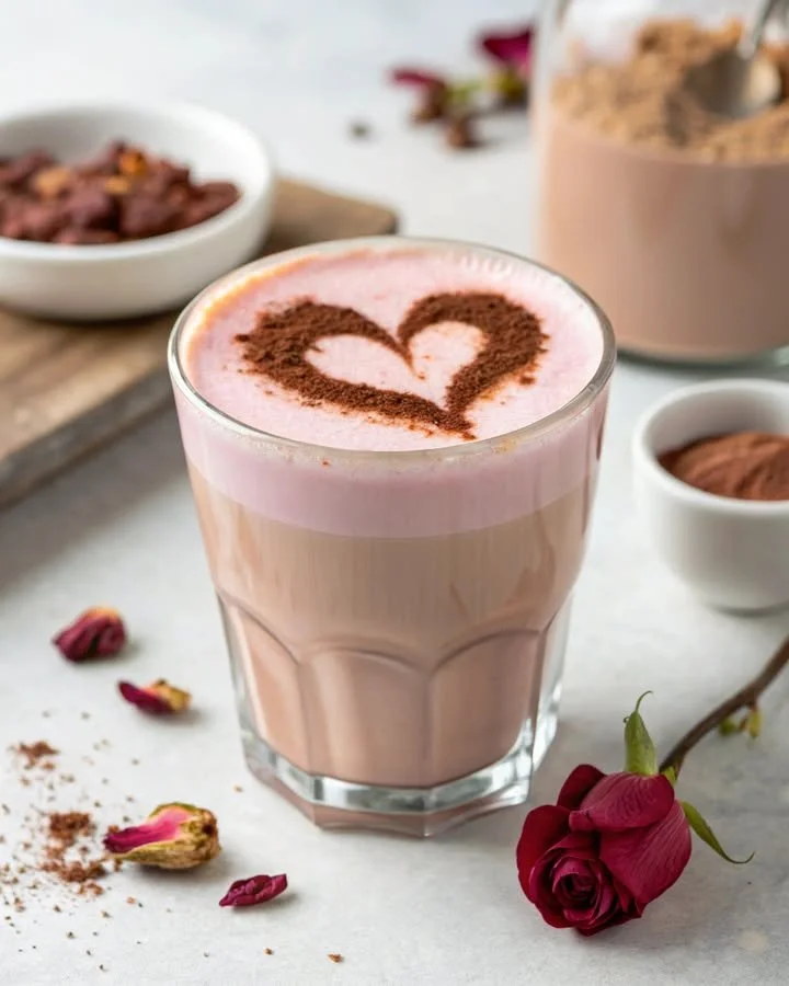 Delicious Rose-Cacao Latte in a decorative cup with floral garnishes