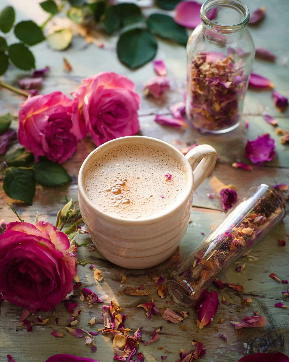 A vibrant rose latte topped with edible rose petals in a coffee cup